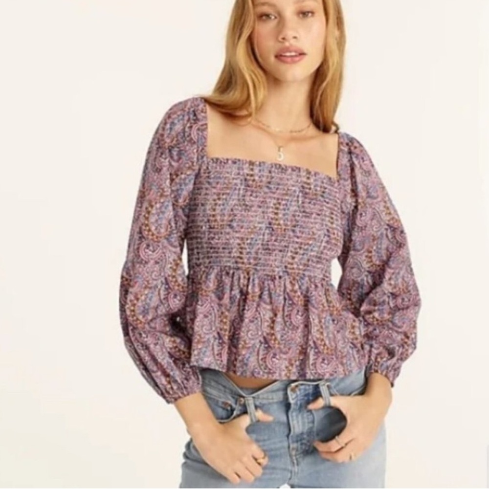 J Crew Liberty Boho Multi Paisley Tropical Print Smocked Puff Sleeve Top 198